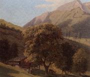 A mountainous landscape with a maid before a chalet in a valley, unknow artist